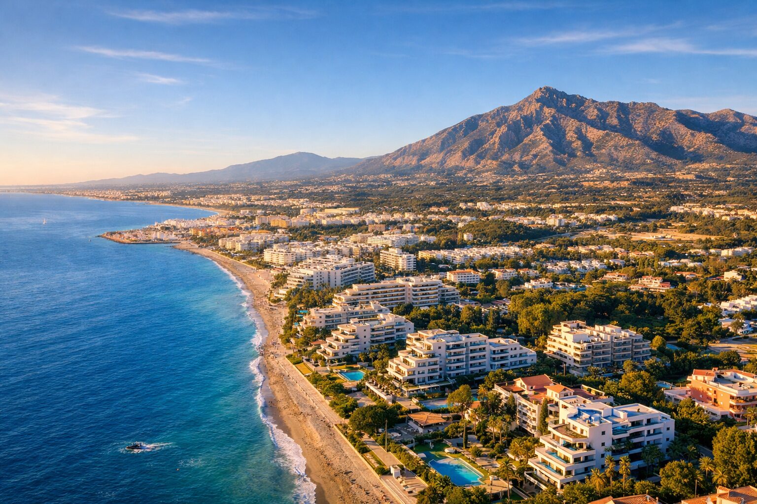 Vista aérea de Marbella y la Costa del Sol con urbanizaciones residenciales modernas