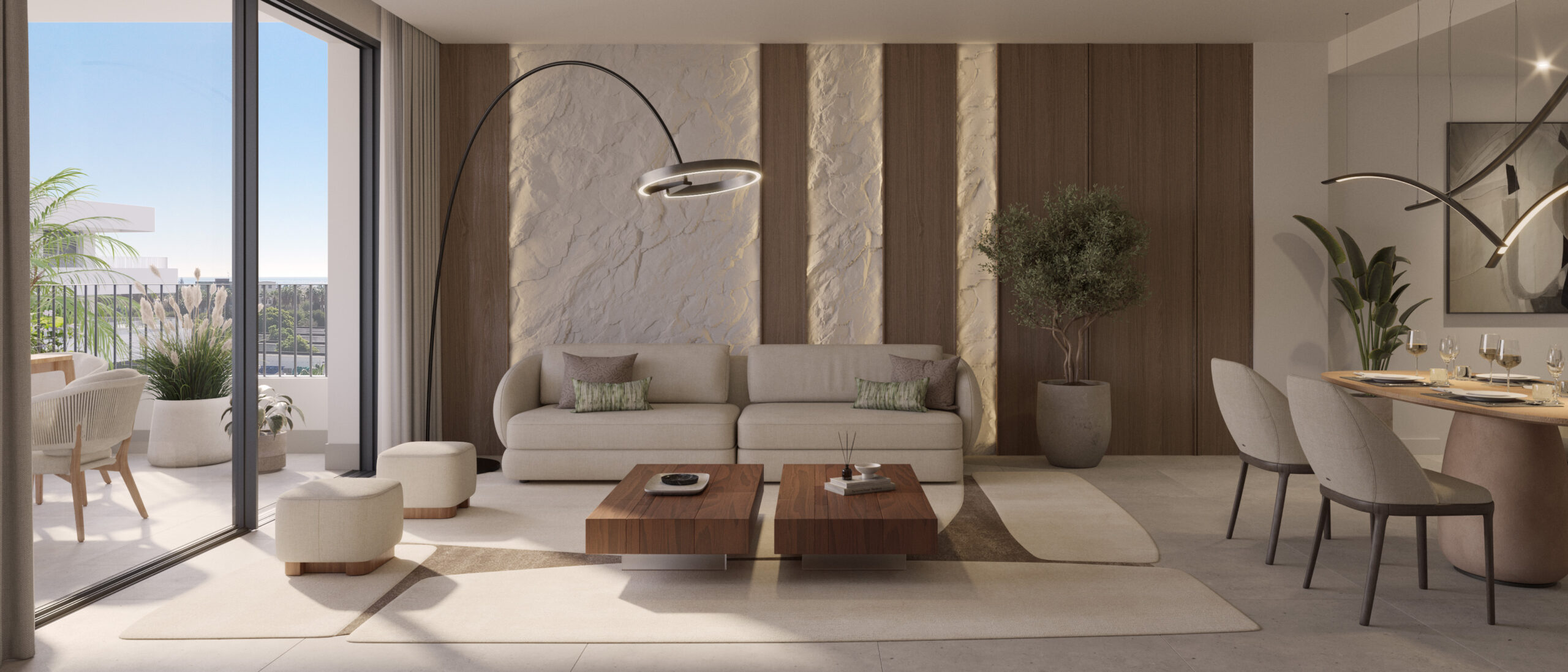 alón de diseño con materiales naturales, piedra y madera, en vivienda premium de obra nueva