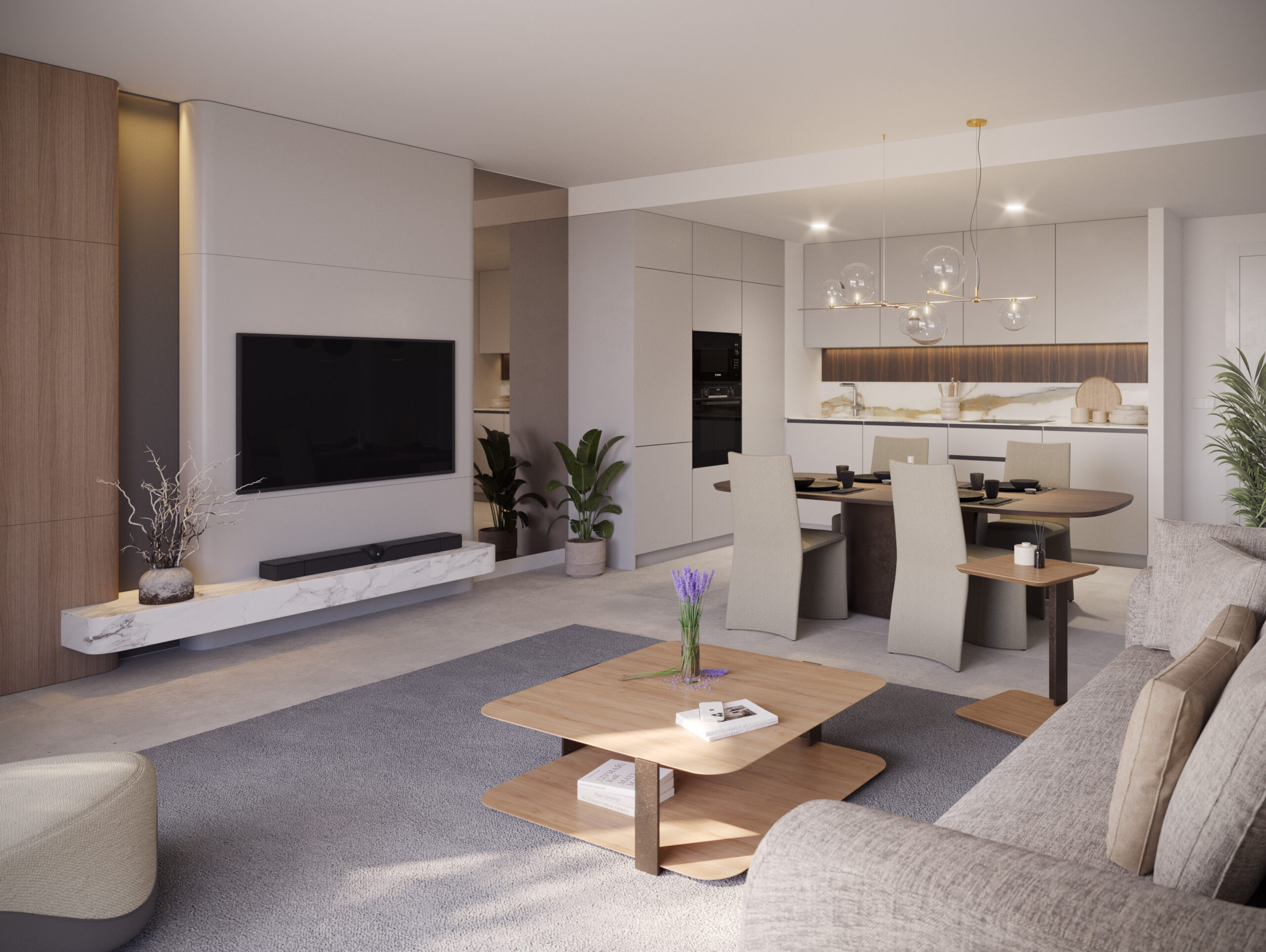  Salón comedor de diseño con cocina integrada y materiales nobles en vivienda premium 